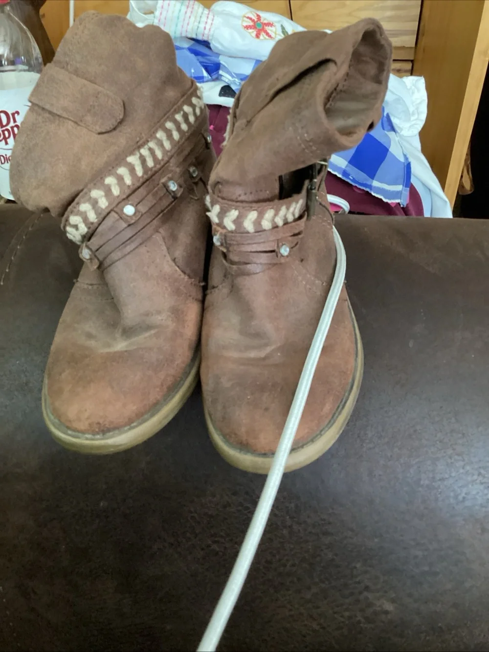 Justice Girls Brown Western Boho Slouchy Booties, Studded Straps Size 13
